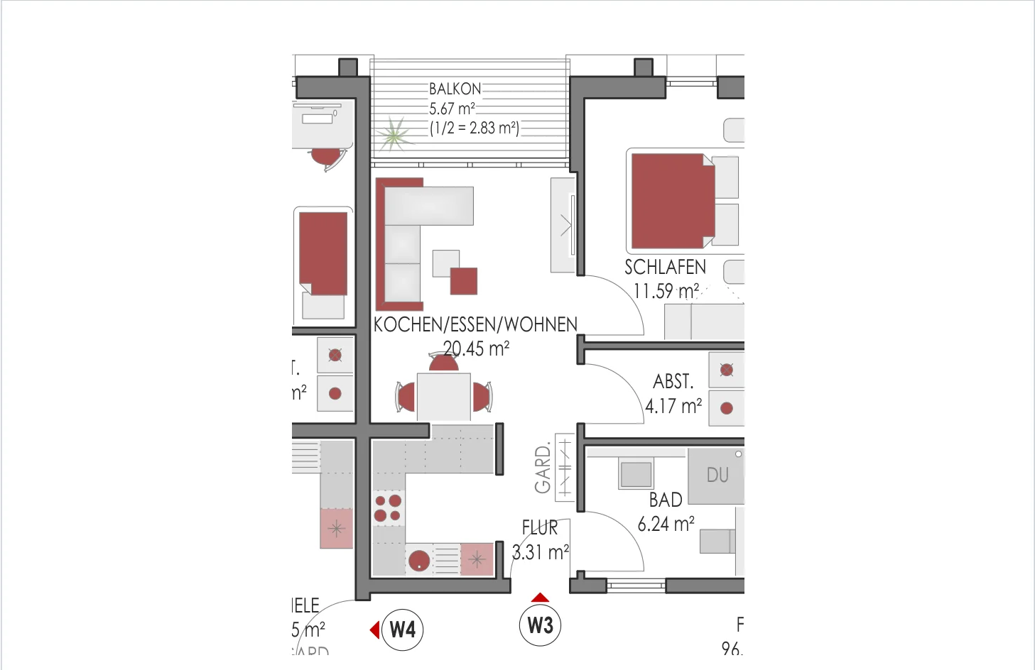 Ausschnitt aus dem originalen Grundriss einer kompakten Wohnung, WE03